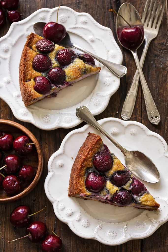 Slices of homemade cherry cake served on white dessert plates with fresh cherries and vintage silver spoons