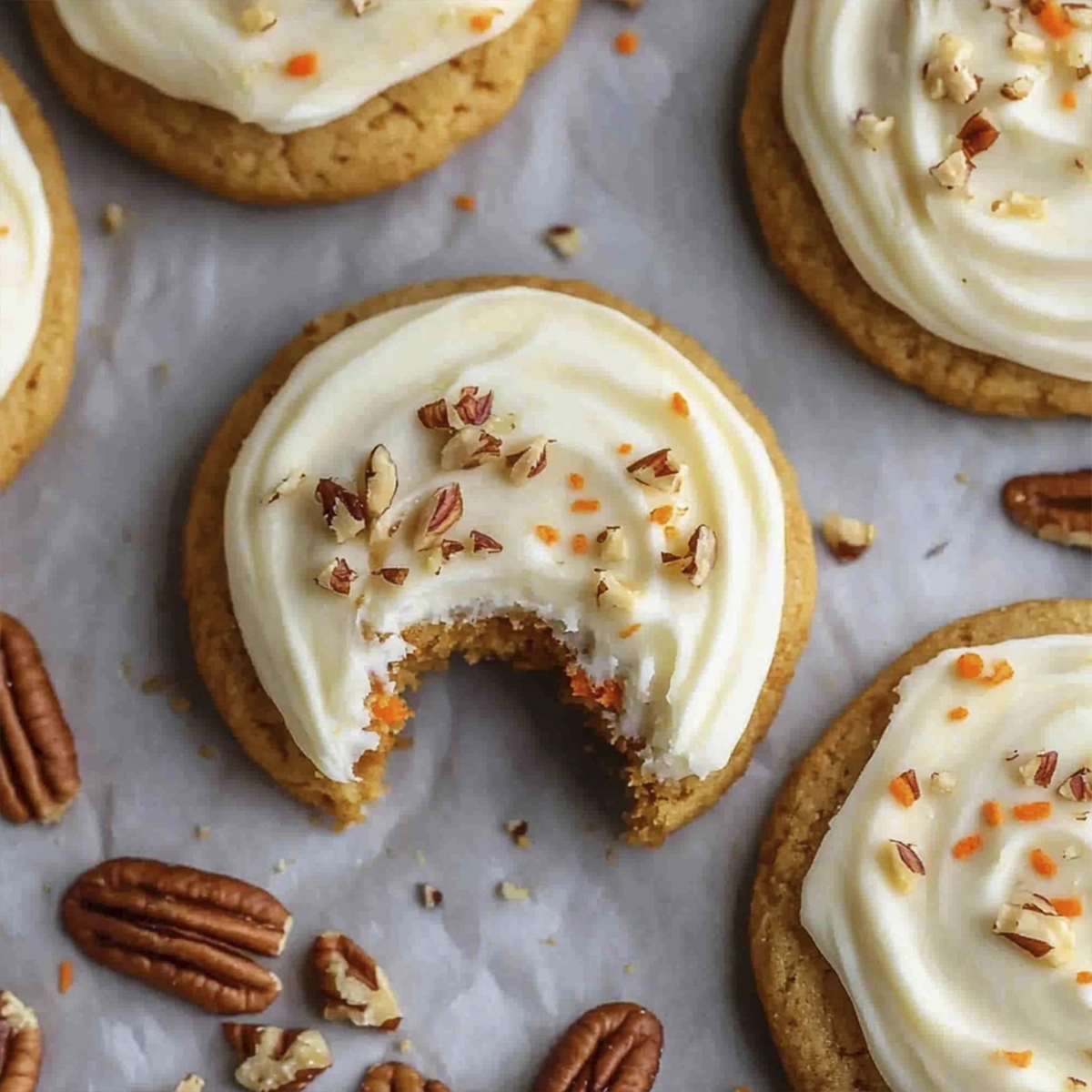 Carrot cake cookies topped with thick cream cheese frosting and chopped pecans on parchment paper with one cookie partially bitten.
