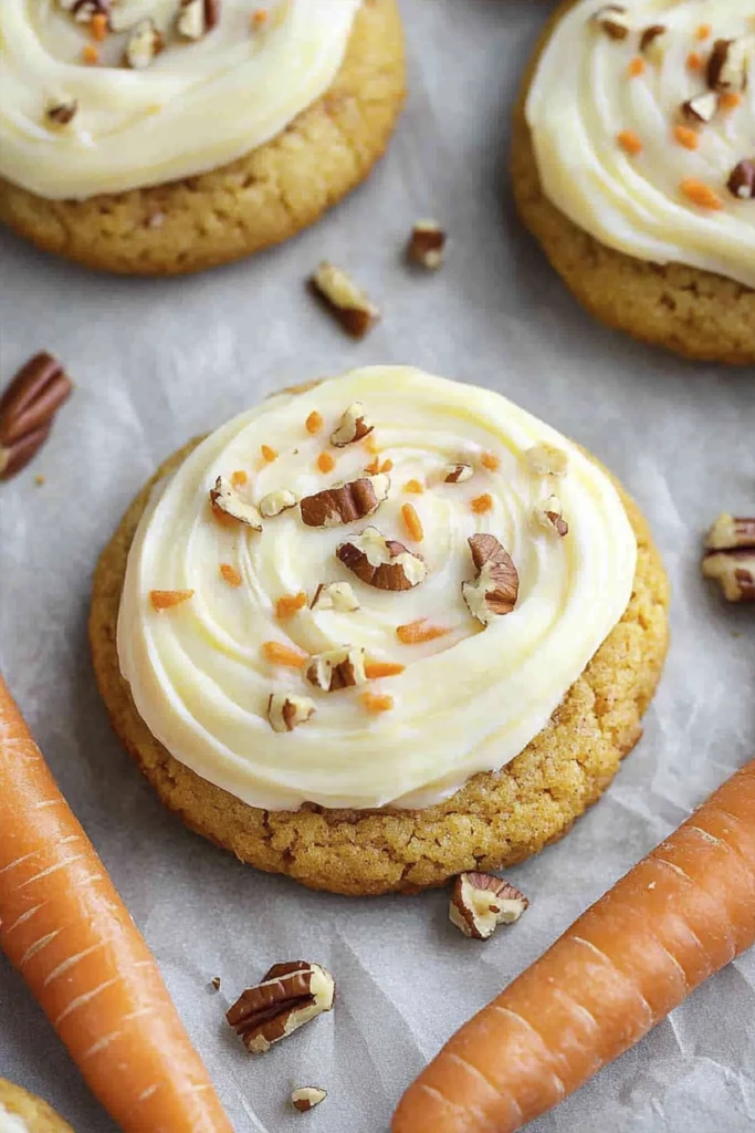 Close-up of a carrot cake cookie topped with a thick swirl of cream cheese frosting and chopped pecans, resting on a cooling rack with fresh carrots nearby.