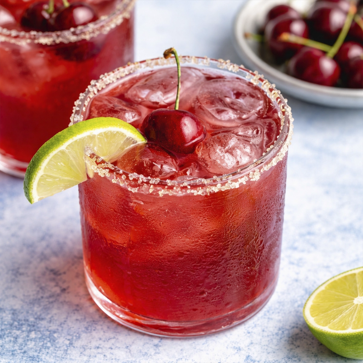 Bright red cherry lime drink with ice, sugared rim, fresh cherry garnish, and lime wedge in a frosted glass on a light blue surface.