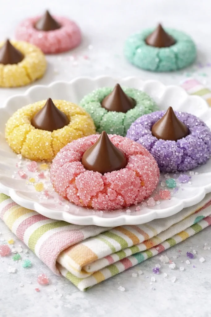 Colorful pastel sugar cookies coated in sparkling sugar with chocolate kiss centers arranged on a white dessert plate.