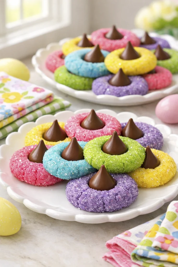 Colorful pastel sugar cookies rolled in sugar with chocolate kiss centers arranged on a white scalloped dessert plate.