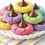 Colorful pastel sugar cookies topped with chocolate kiss candies arranged on a white plate for Easter dessert.