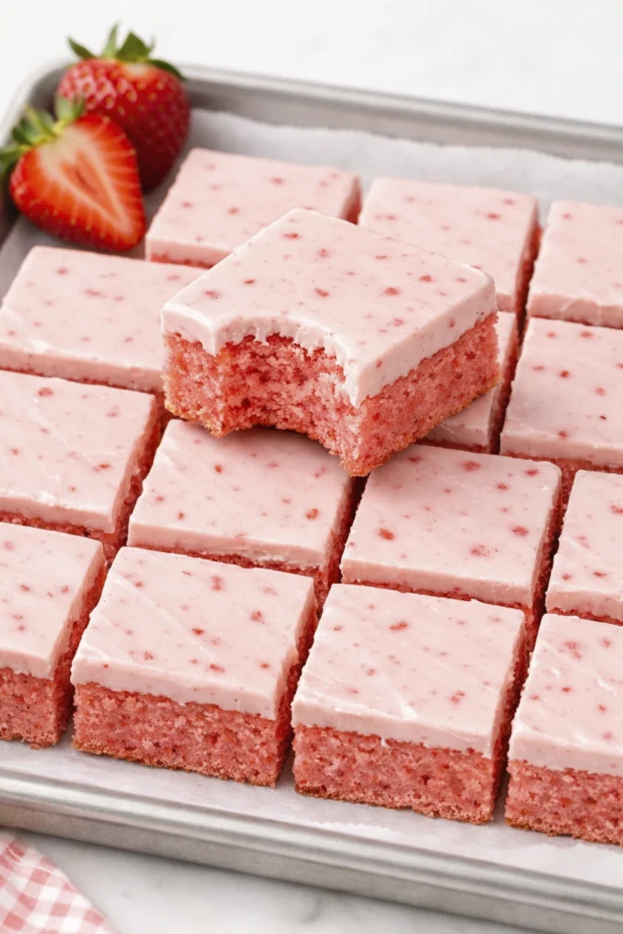 Pink strawberry dessert bars with strawberry frosting and one bitten piece showing the soft cake texture