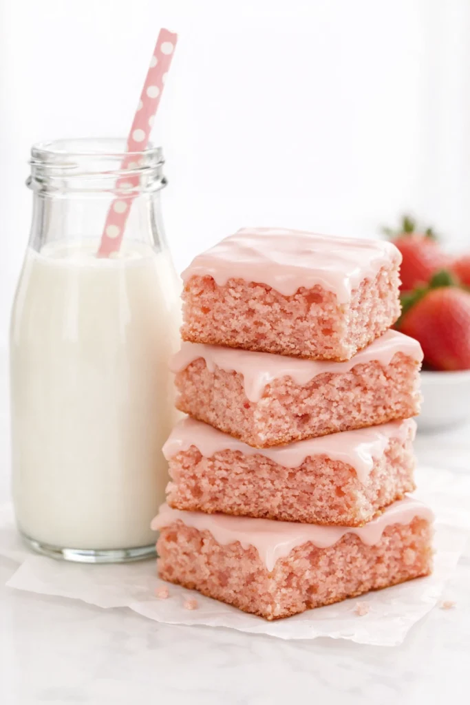 Glass bottle of milk with a pink straw beside stacked strawberry cake bars with light pink glaze.