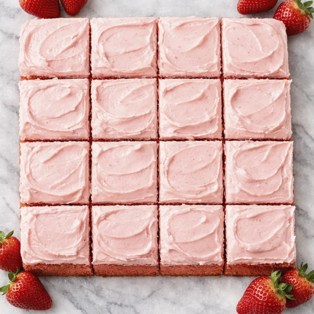 Top view of a pink strawberry sheet cake cut into square slices with strawberry frosting on a marble board.