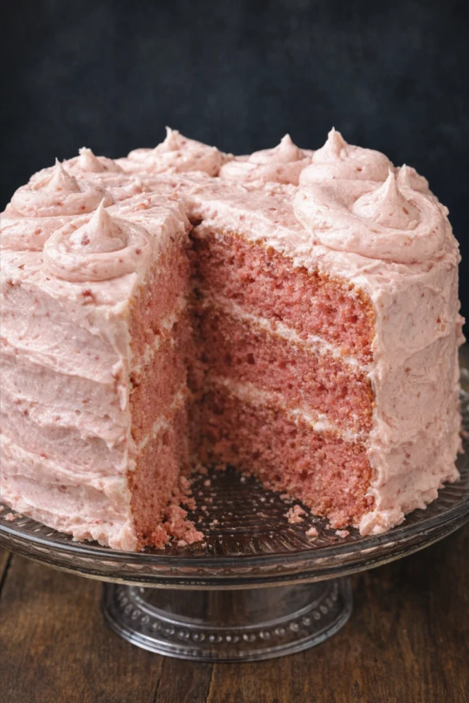 Homemade strawberry layer cake with pink strawberry frosting and a slice cut out showing the moist strawberry cake layers.