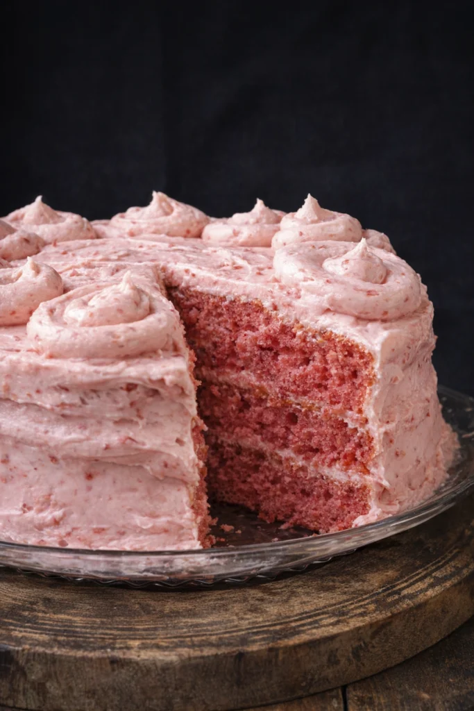 Strawberry layer cake with pink strawberry buttercream frosting and a slice removed showing moist strawberry cake layers.