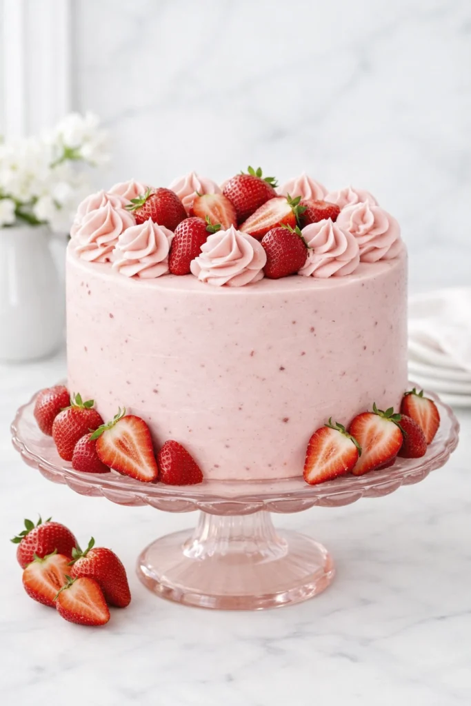 Whole strawberry buttercream layer cake with fresh strawberries on top and around the cake stand