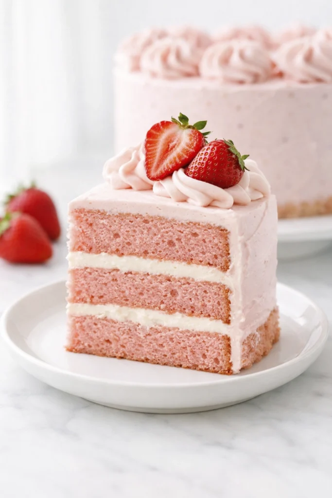 Slice of pink strawberry layer cake with strawberry buttercream frosting on a white plate and fresh strawberries in the background