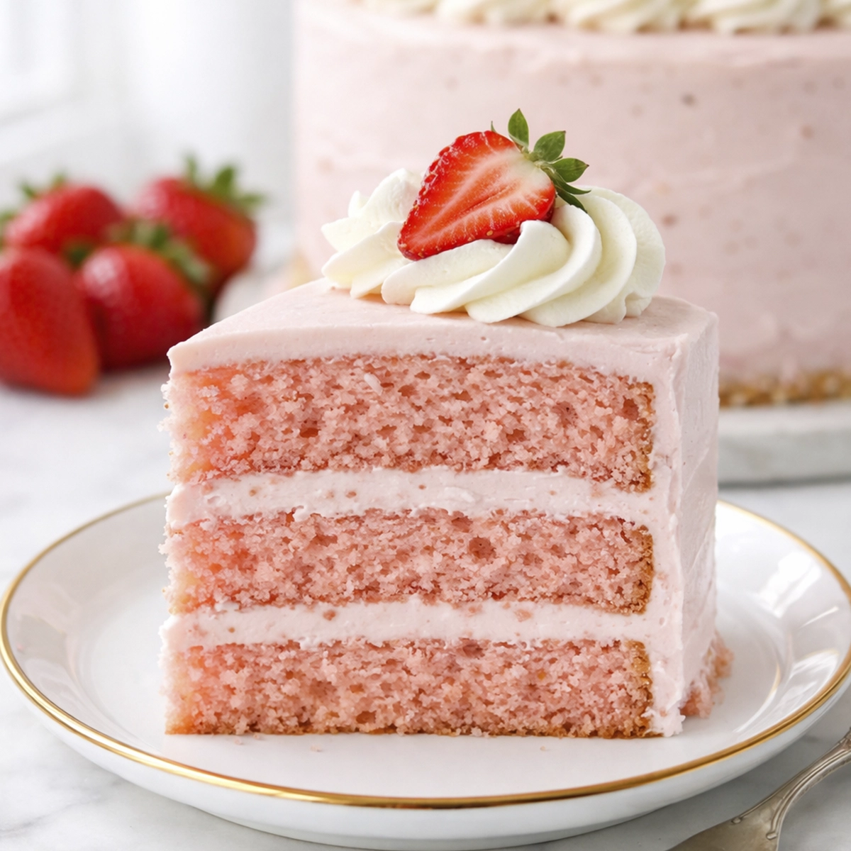 Slice of pink strawberry layer cake with strawberry buttercream frosting on a white plate, styled in bright natural light.