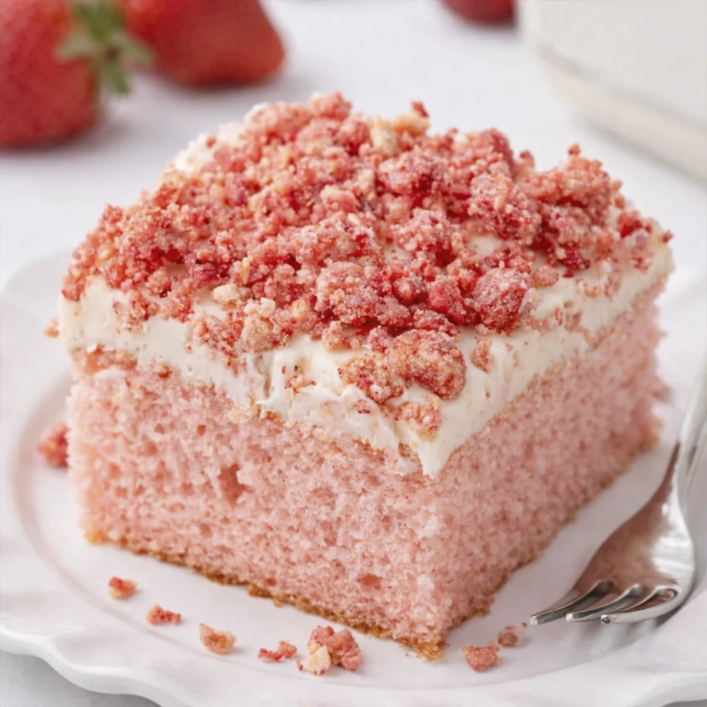 Close-up of fluffy strawberry cake slice with creamy frosting and strawberry crumble topping on a white plate