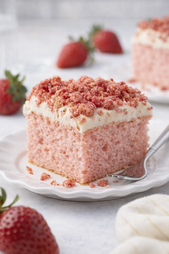 Close-up of a soft strawberry cake with creamy frosting and crumble topping served on a white plate.