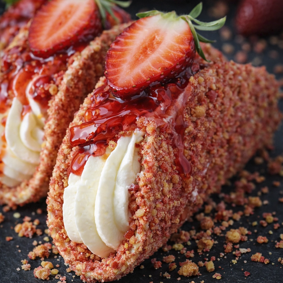 Strawberry cheesecake taco with creamy filling, crunchy pink crumb coating, and fresh strawberry topping with syrup drizzle
