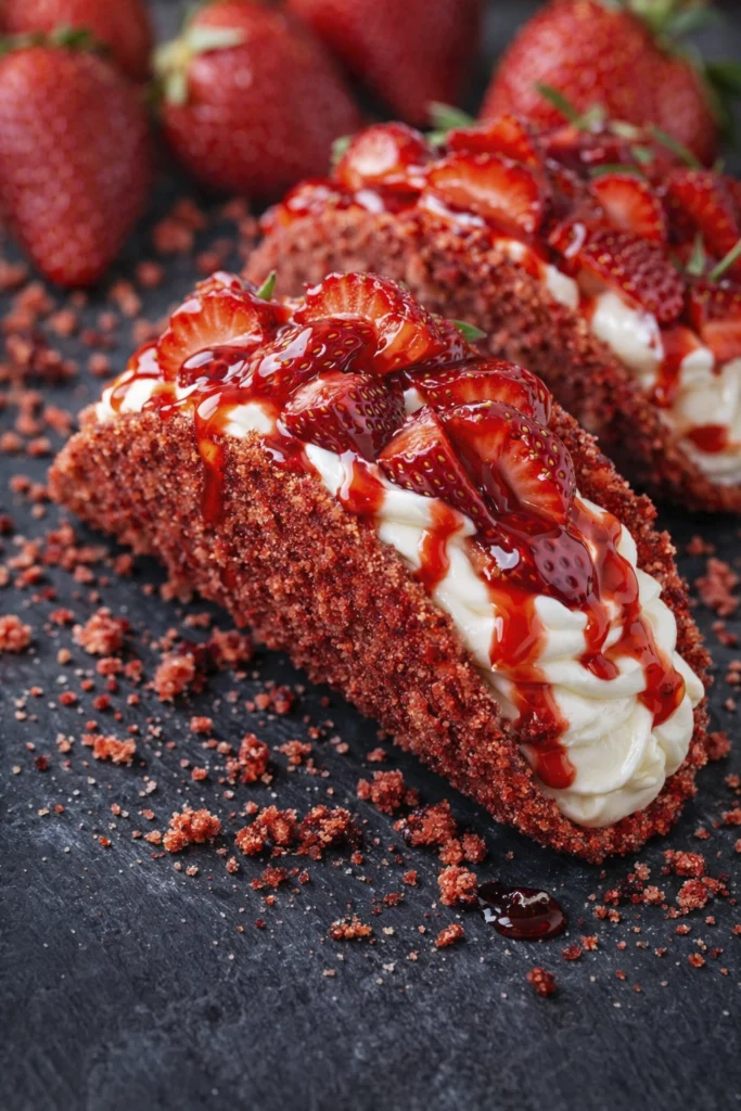 Crispy strawberry cheesecake tacos filled with creamy cheesecake and topped with fresh strawberries and syrup on a dark background