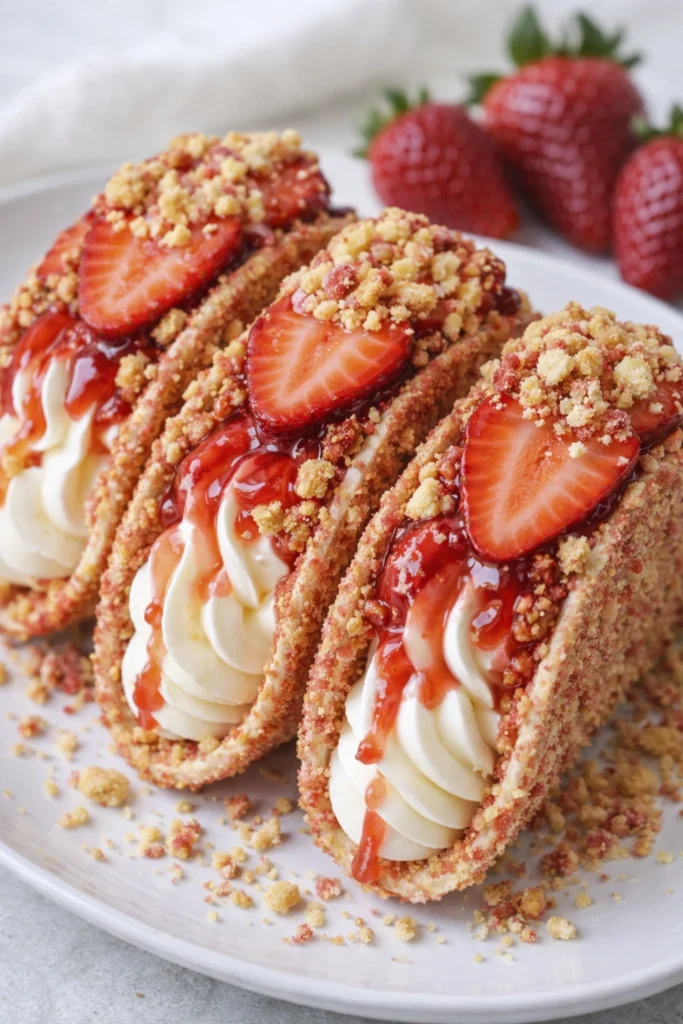 Strawberry crunch cheesecake tacos with creamy filling, fresh strawberries, and syrup drizzle on a dark slate background