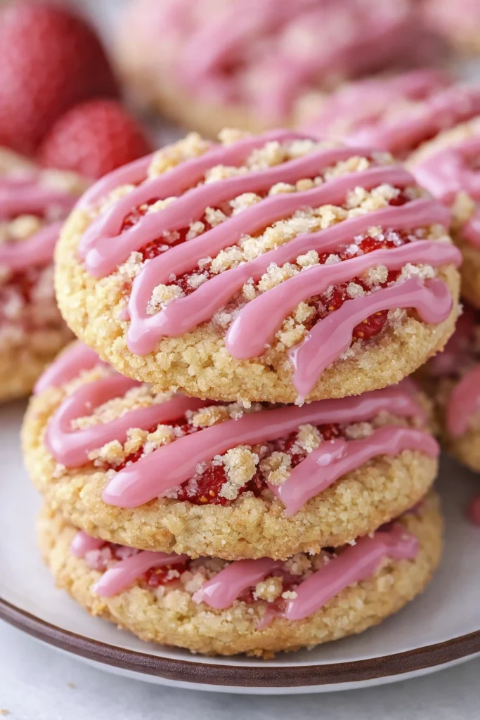 Top-down view of strawberry crumble cookies with pink icing drizzle and crumb topping arranged on a plate.
