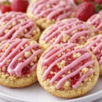 Close-up of strawberry crumb cookies topped with pink glaze and strawberry filling on a white plate with soft natural lighting