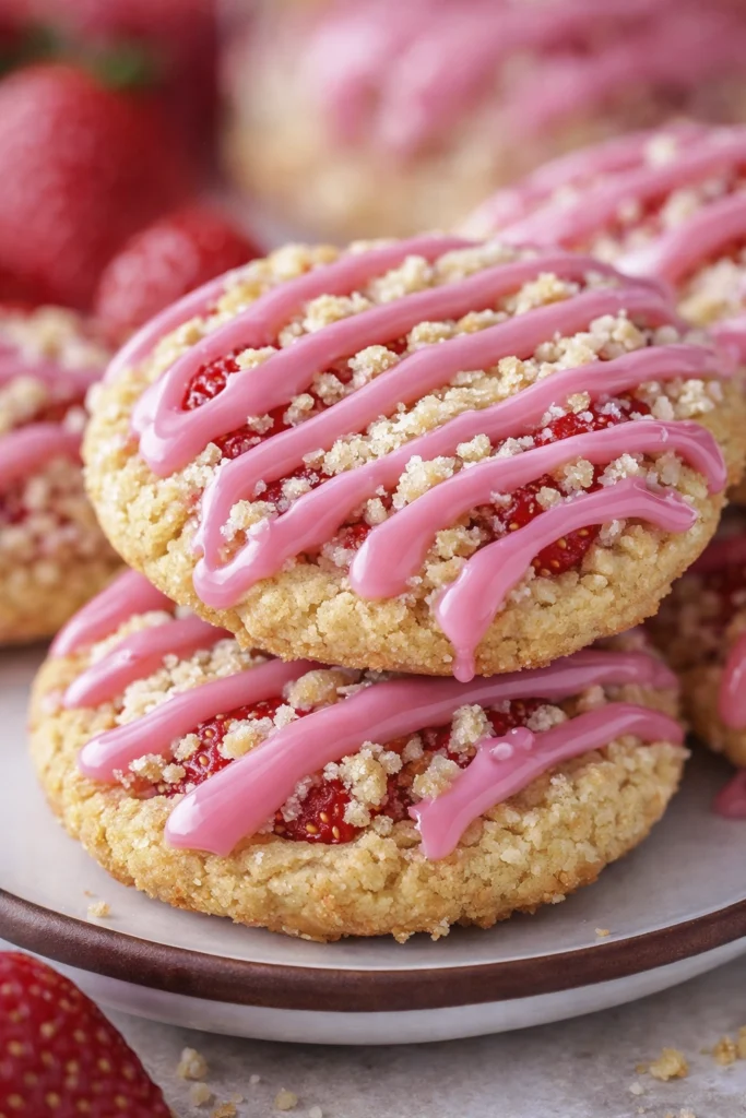 Close-up of strawberry crumble cookies with pink icing drizzle and buttery crumb topping stacked on a plate.