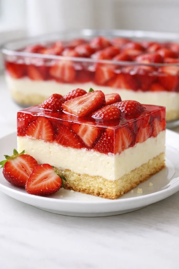 Overhead view of a glass baking dish filled with sliced strawberries in glossy strawberry sauce
