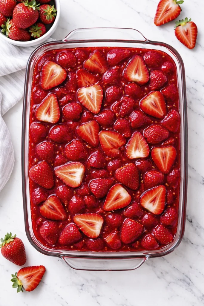 Split image of strawberry layered dessert with a glass dish of fresh strawberry topping and a slice showing cream and crust layers