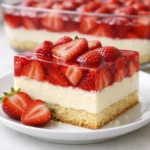 Slice of strawberry cream dessert bar with cake crust, creamy filling, and strawberry gelatin topping on a white plate.