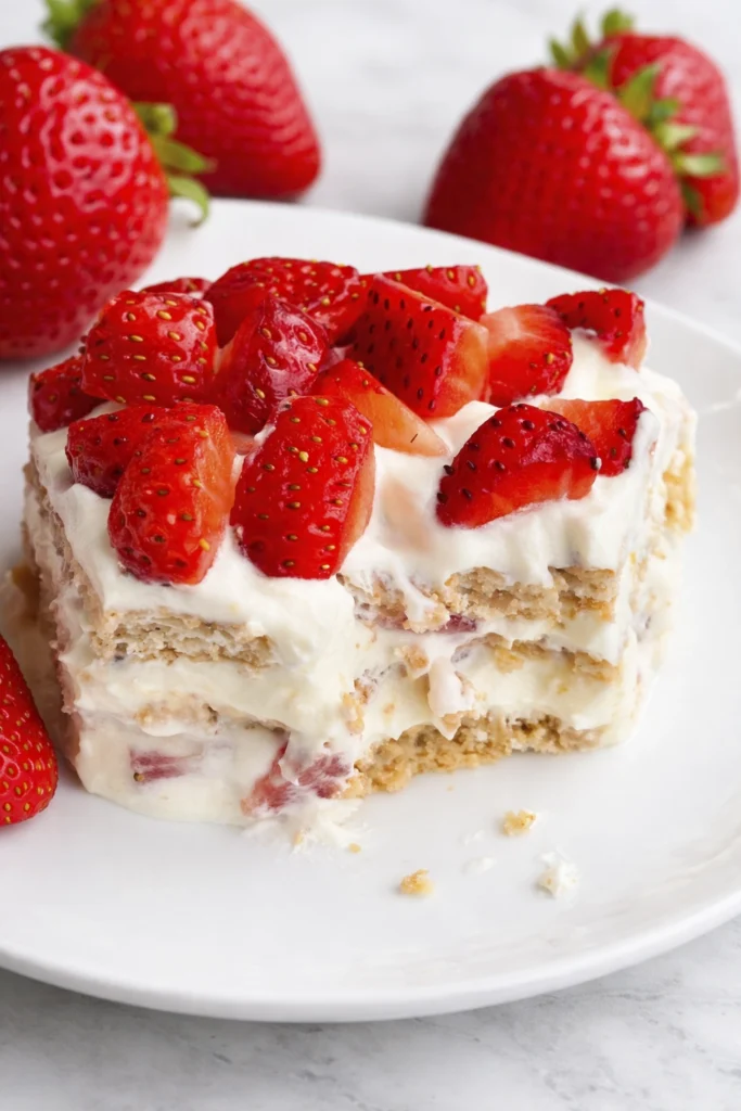 Slice of strawberry icebox cake with creamy layers and fresh strawberries on a white plate in bright natural light
