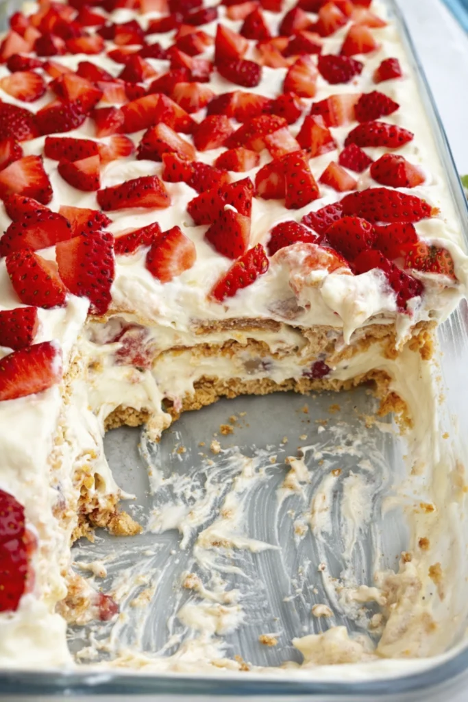 No-bake strawberry icebox cake with creamy layers and fresh strawberries in a glass dish with a scooped portion missing