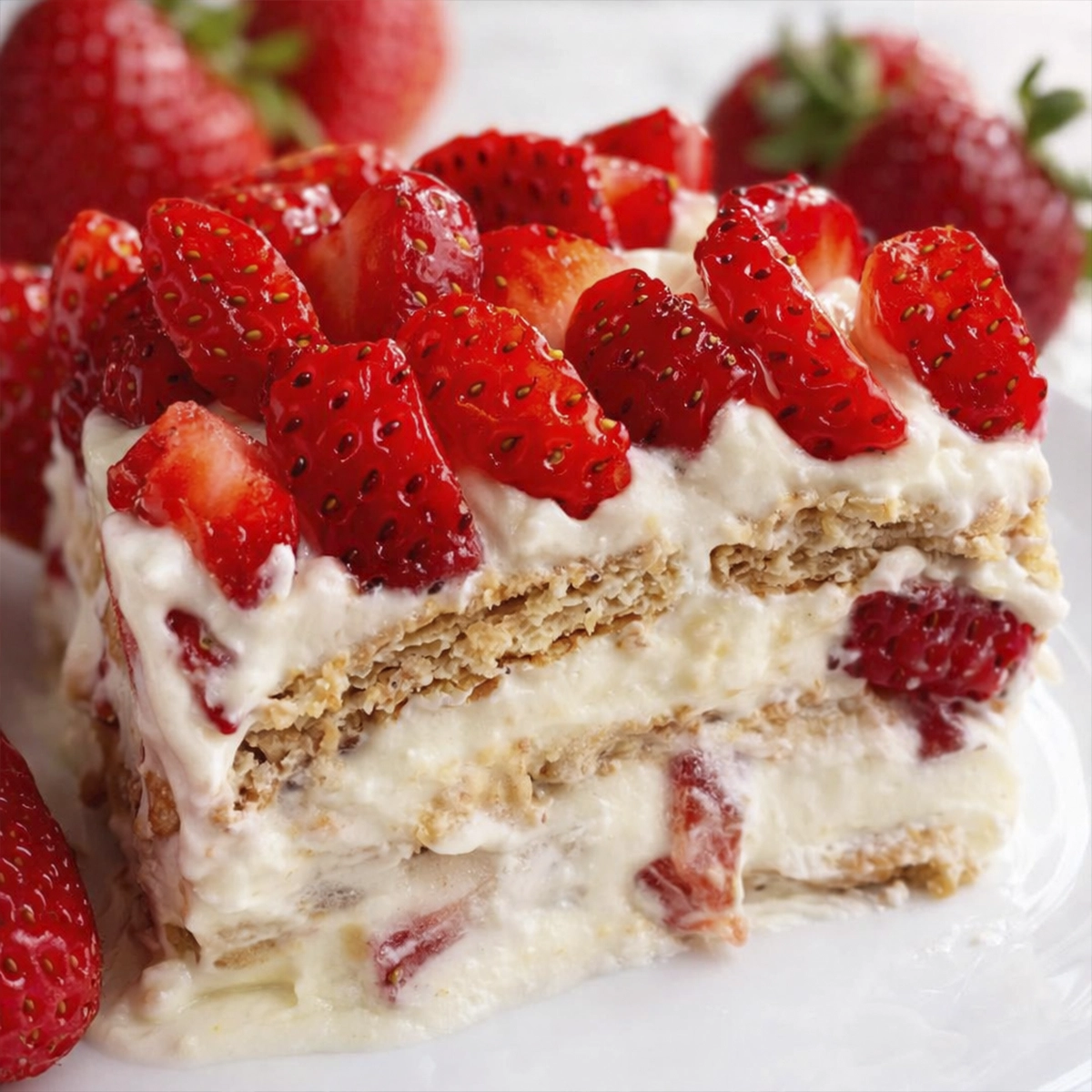 Strawberry icebox cake slice with layers of cream, graham crackers, and fresh strawberries on top