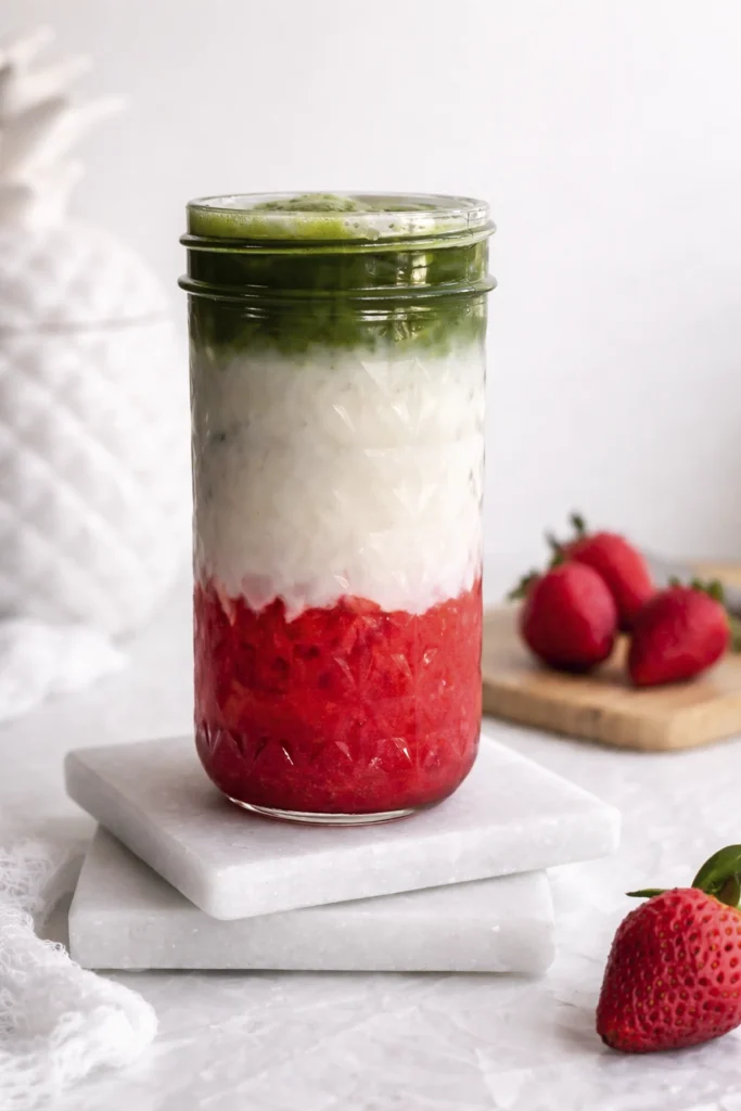 Layered strawberry matcha latte in a glass jar with strawberry puree, milk, and green matcha foam on a marble stand.