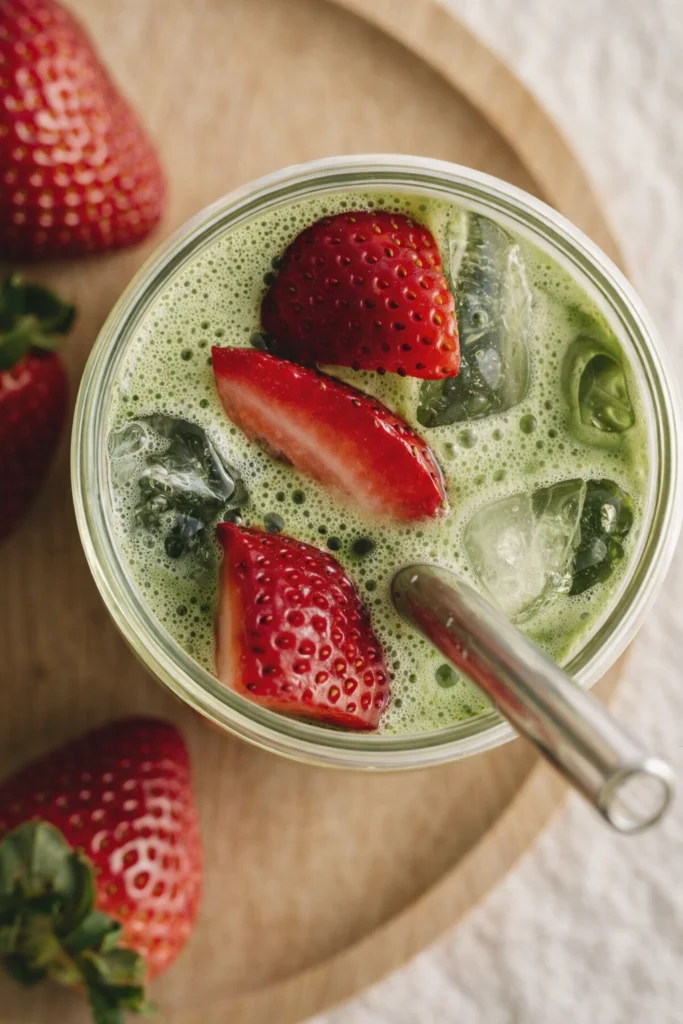 Iced matcha latte with fresh strawberry slices and ice cubes in a glass, viewed from above on a wooden surface.