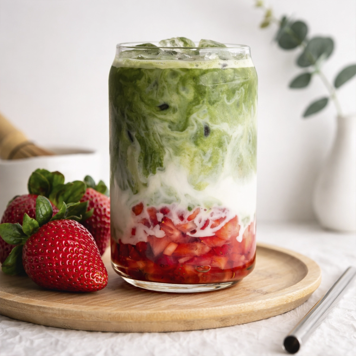 Layered iced strawberry matcha latte in a glass with fresh strawberries, creamy milk, and green matcha swirl on a wooden tray.