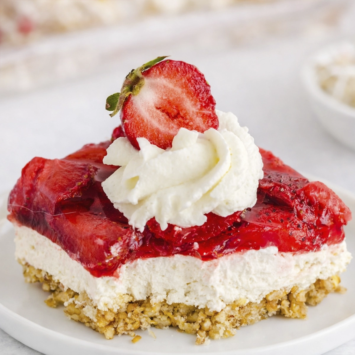 Strawberry pretzel salad slice topped with whipped cream and fresh strawberry with text overlay on a clean white background