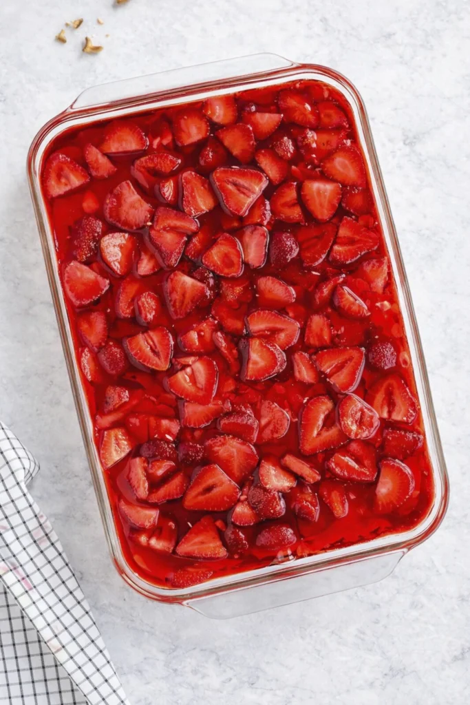 Top-down view of strawberry gelatin with fresh sliced strawberries layered over a creamy dessert in a glass dish.