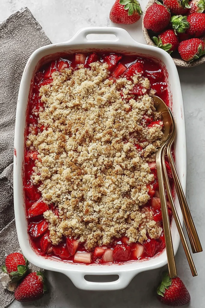 Strawberry rhubarb crumble in a baking dish topped with scoops of vanilla ice cream.