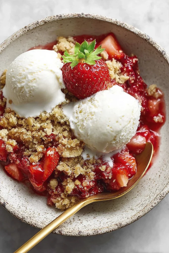 Strawberry rhubarb crumble baked in a white casserole dish with golden oat topping.