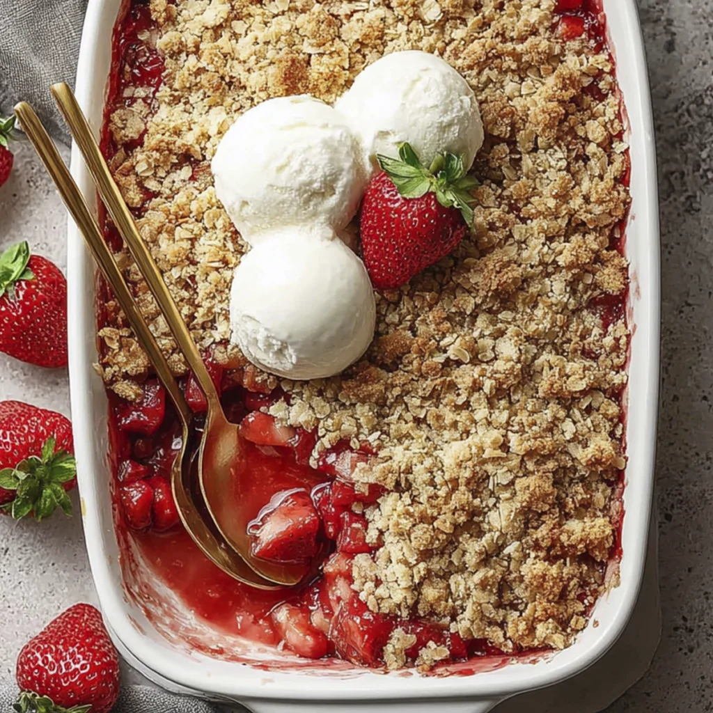 Strawberry rhubarb crumble with oat topping and vanilla ice cream in a white baking dish.