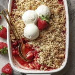Strawberry rhubarb crumble with oat topping and vanilla ice cream in a white baking dish.