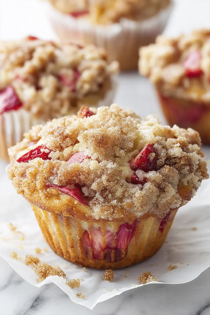 Close-up strawberry rhubarb crumb muffin with streusel topping in parchment liner.