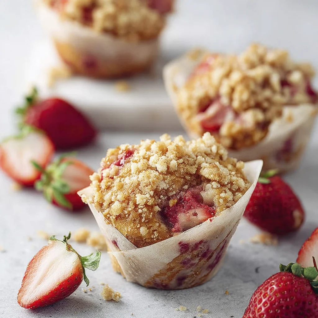 Strawberry crumble muffins with buttery streusel topping and fresh strawberries on a light marble surface.