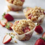 Strawberry crumble muffins with buttery streusel topping and fresh strawberries on a light marble surface.