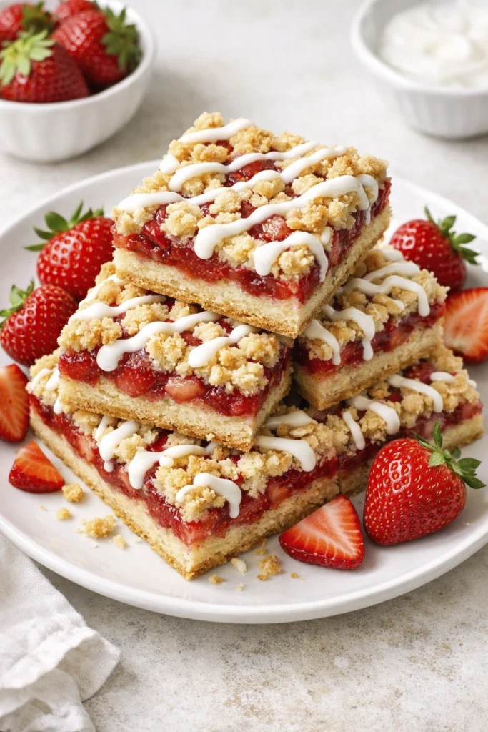 Stacked strawberry crumb bars with vanilla glaze and fresh strawberries on a white plate