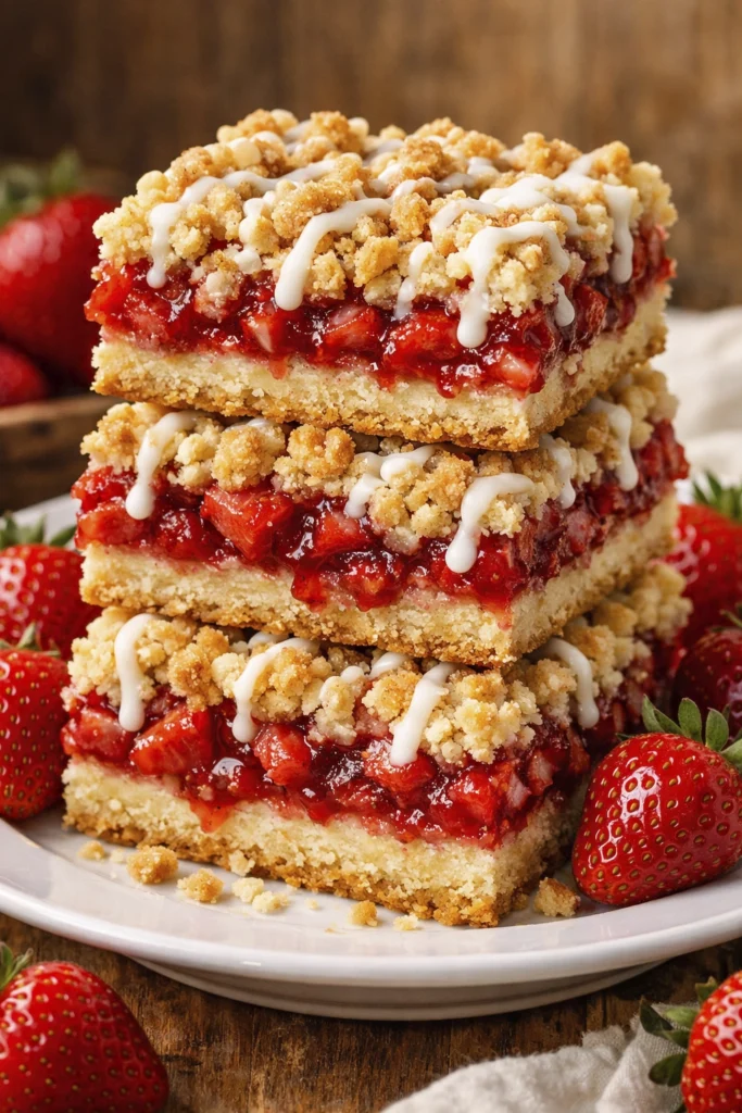 Stacked strawberry crumble bars with vanilla glaze and fresh strawberries on a white plate