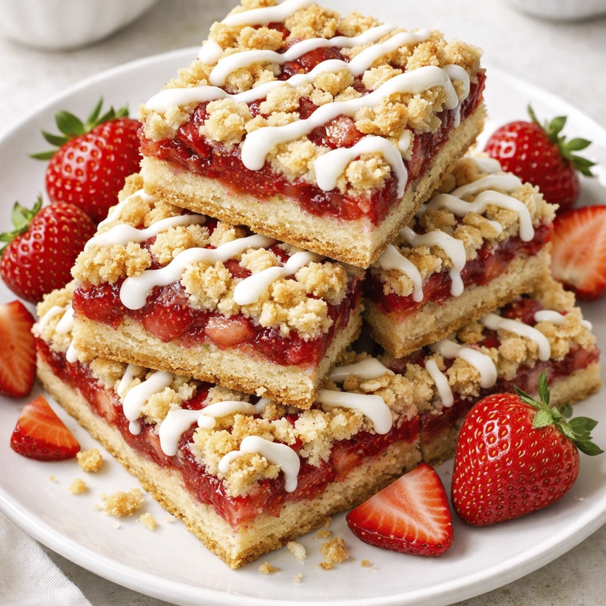 Stack of strawberry crumble bars with buttery crumb topping and white glaze on a plate.