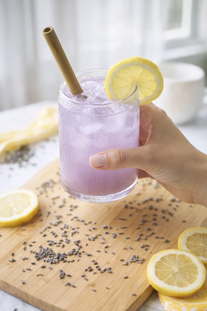 Hand holding a lavender lemonade mocktail with ice, lemon garnish, and dried lavender on a wooden board in natural light.
