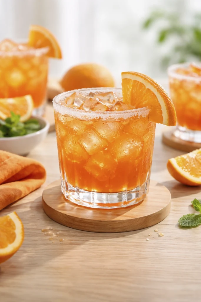 Bright orange citrus cocktail with a sugared rim and fresh orange slice garnish served over ice in a short glass.