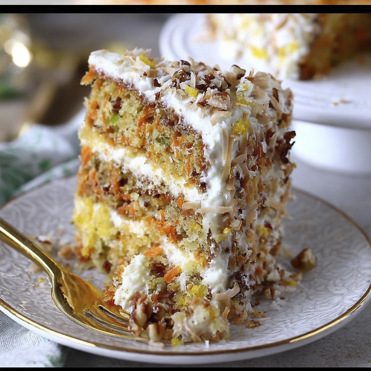 Slice of carrot cake with cream cheese frosting, pineapple chunks, shredded carrots, and pecans on a dessert plate.
