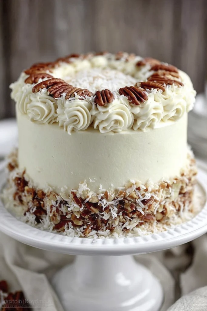 White buttercream coconut pecan cake decorated with piped frosting and toasted pecans on a cake stand.