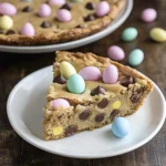 Slice of Easter chocolate chip cookie cake topped with pastel candy eggs on a white plate over a rustic wooden table.