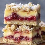 Stacked strawberry custard crumb bars with buttery crust, creamy custard layer, and powdered sugar crumble topping.